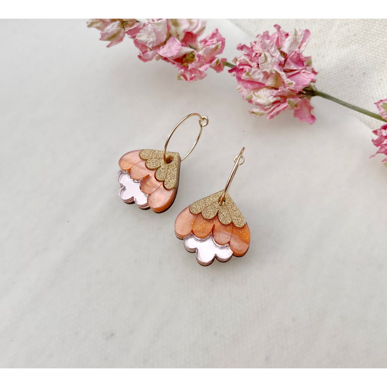 Crocus Mini Hoop Earrings Retro Flower Hoops Laser Cut Floral Jewellery Peach