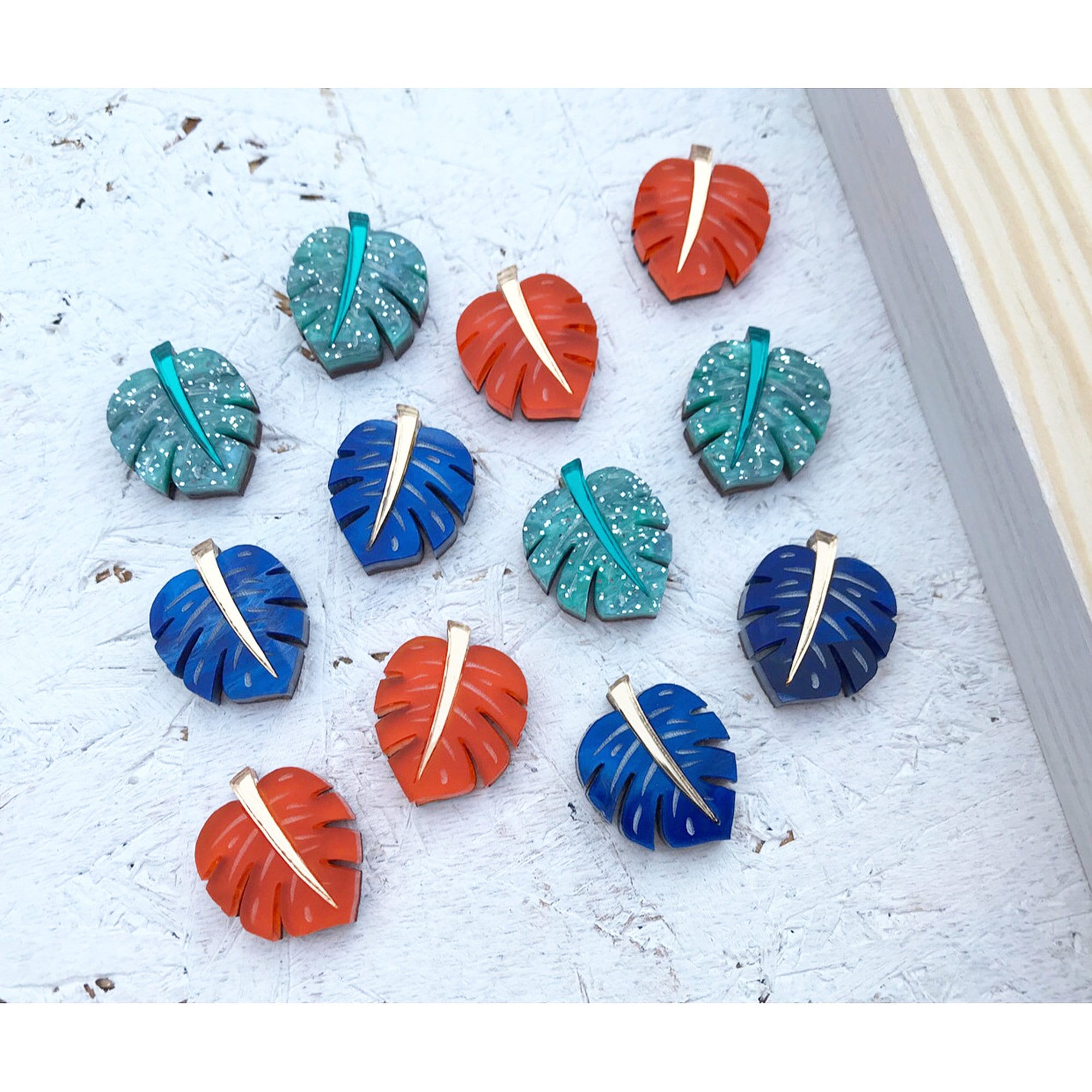 New Colours Monstera Leaf Stud Earrings | Tropical Studs Laser Cut Acrylic Perspex Botanical Jewellery Summer Blue Orange Glitter