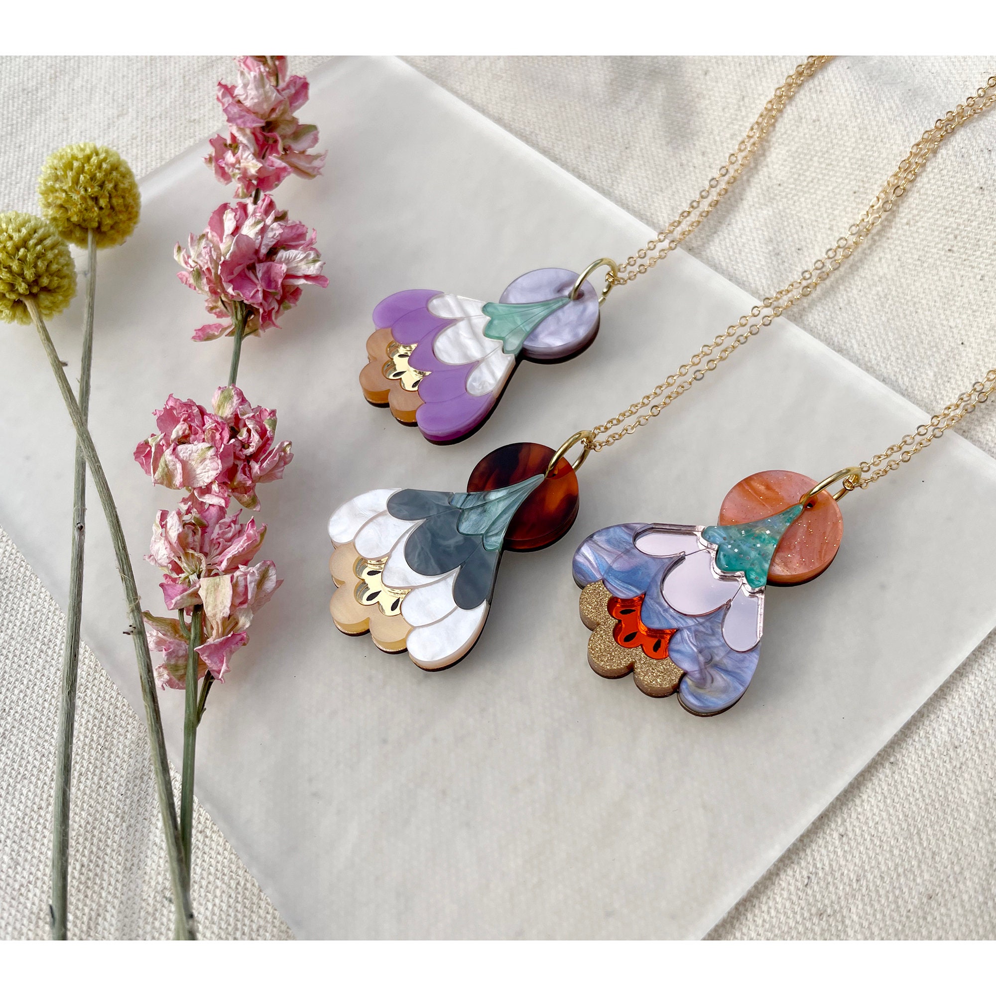 Crocus Flower Pendant in Pearl, Purple Or Rose | Retro Necklace Laser Cut Floral Jewellery