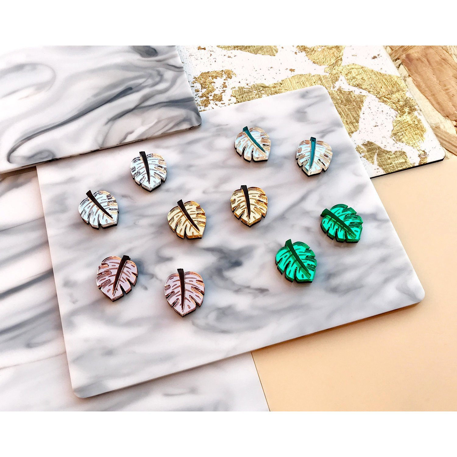 Monstera Leaf Stud Earrings | Tropical Studs Laser Cut Acrylic Perspex Botanical Jewellery Jungle Summer Festival Holo Rose Gold