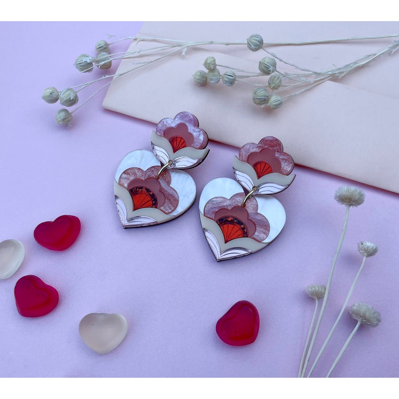 VALENTINE'S 2024: Limited Edition Anna Heart Statement Earrings in Peach Laser Cut Floral Acrylic Earrings image 4