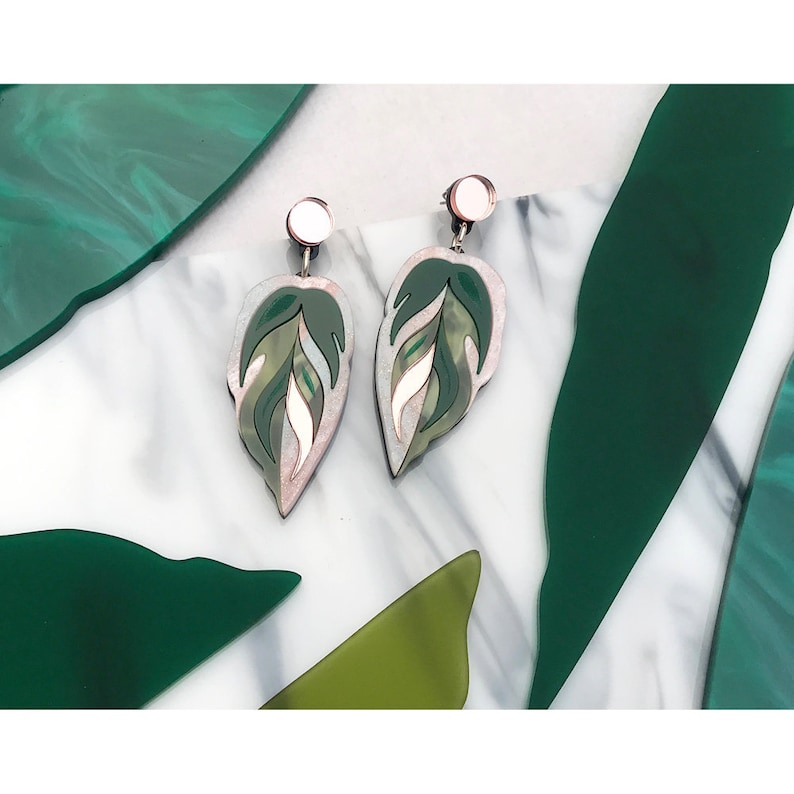 Statement Earrings Green /& Rose Gold Laser Cut Engraved Perspex Acrylic Tropical Leaf Drop Earrings Calathea Leaf Medium Drop Earrings