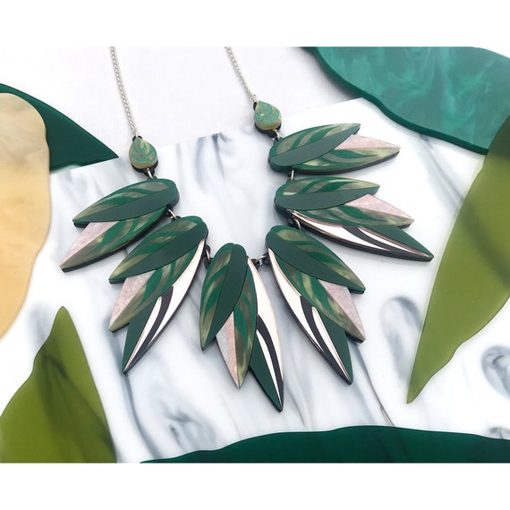Statement Earrings Green /& Rose Gold Laser Cut Engraved Perspex Acrylic Tropical Leaf Drop Earrings Calathea Leaf Medium Drop Earrings
