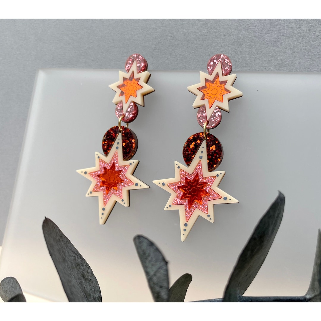 Star Deco Statement Drop Earrings - Orange | Laser Cut Acrylic Celestial Earrings