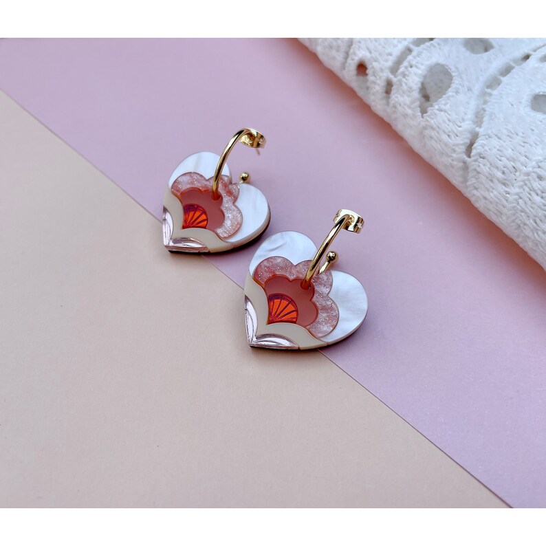 VALENTINE'S 2024: Limited Edition Anna Heart Hoop Earrings in Peach Laser Cut Floral Acrylic Earrings image 2