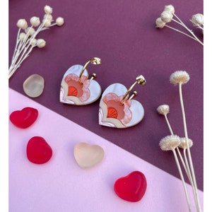 VALENTINE'S 2024: Limited Edition Anna Heart Hoop Earrings in Peach Laser Cut Floral Acrylic Earrings image 3