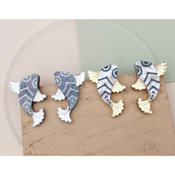 Laser Cut Koi Fish Stud Earrings | Marble Acrylic | Surgical Steel