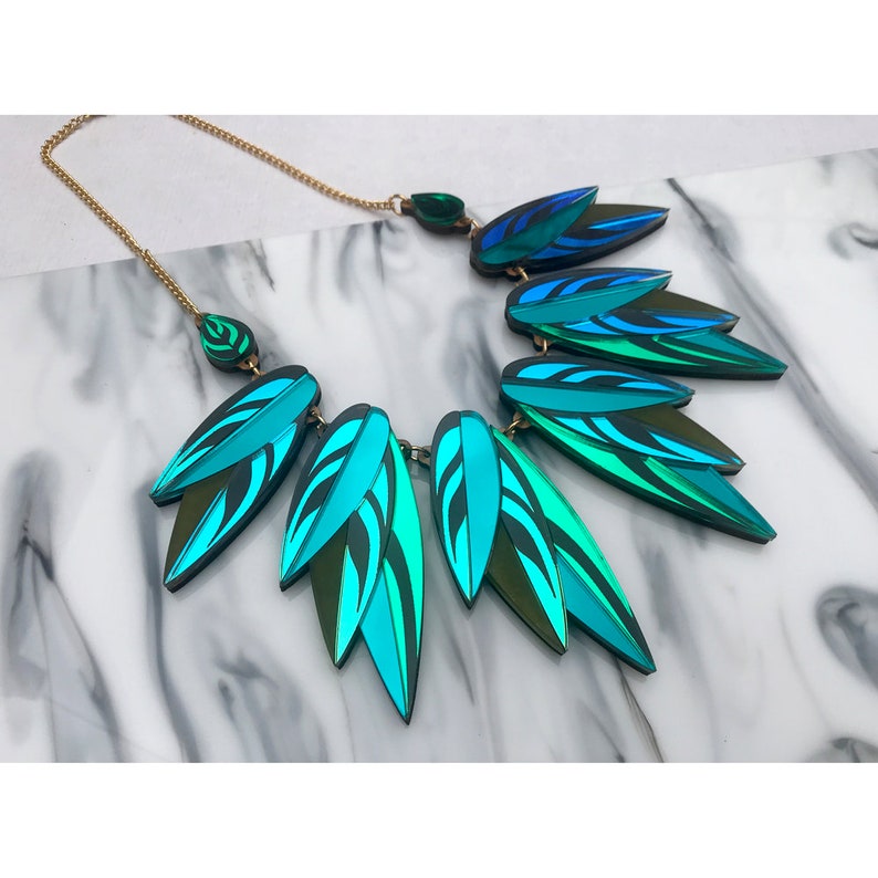 Tropical Leaf Jewellery Laser Cut Engraved Perspex Acrylic Wood Green /& Iridescent Calathea Leaf Large Statement Necklace : Teal