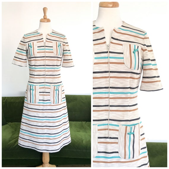 Vintage 1960s 70s striped knit zip front toggle p… - image 1