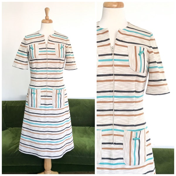 vintage années 1960 années 70 rayé tricot zip avant bascule poche sweat-shirt style robe - UK 12