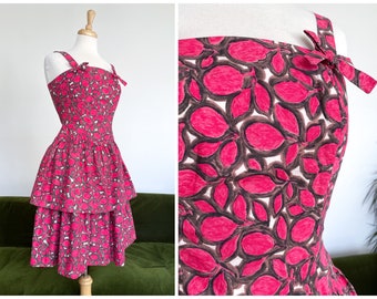 Vintage 1960s 'Wendy' tiered cerise abstract floral print cotton sun dress - UK 8, waist 27"