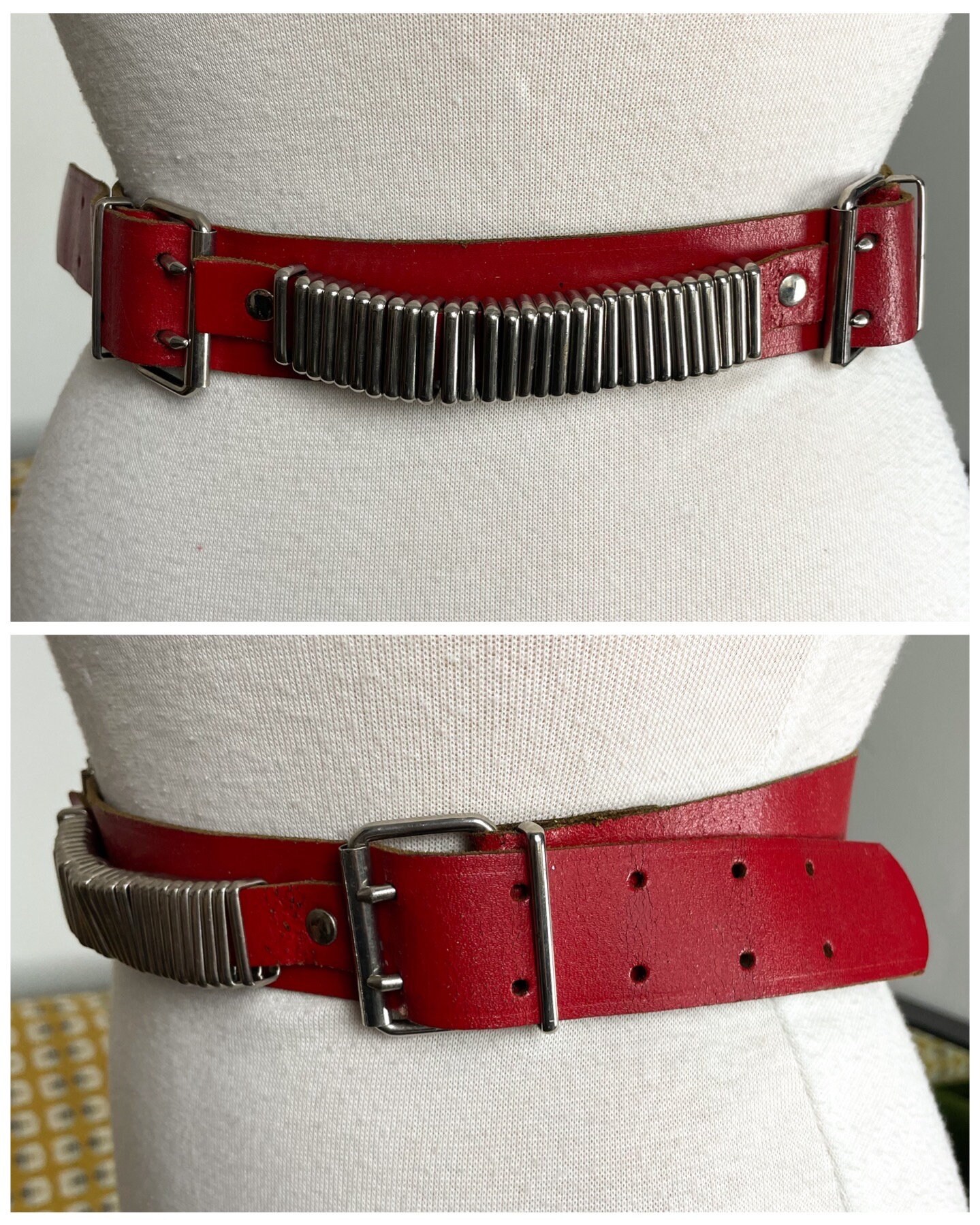Vintage 1980s Red Punk Style Leather Belt With Moving Silver Vintage 1980s Red Punk Style Leather Belt With Moving Silver