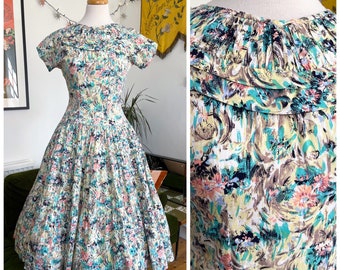 Vintage 1950s handgemachtes Rockkleid aus Baumwolle mit Pastellblumenmuster - UK 12, Taille 76 cm
