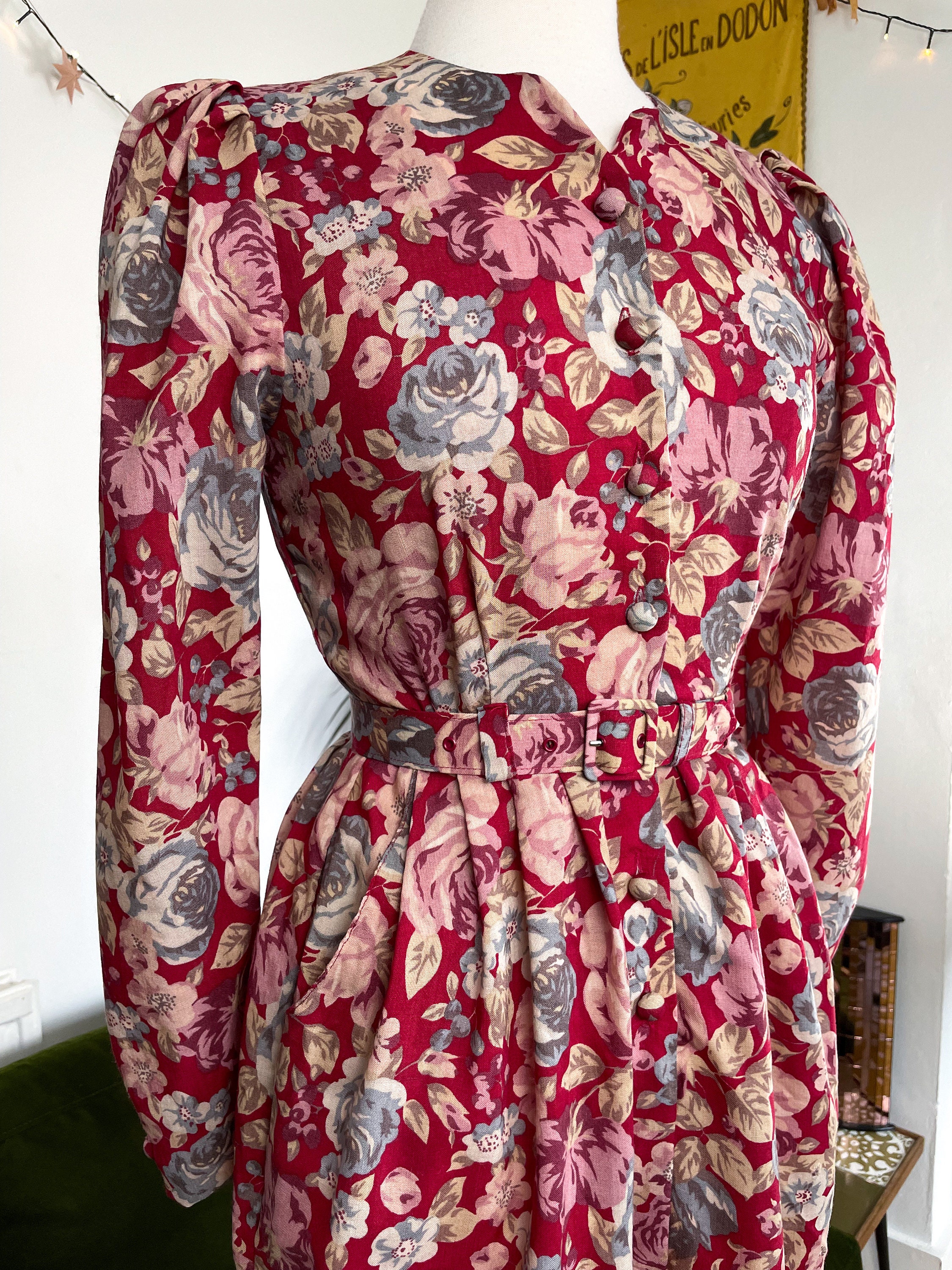 Vintage Laura Ashley Fitted Wool Floral Print Dress - UK 8