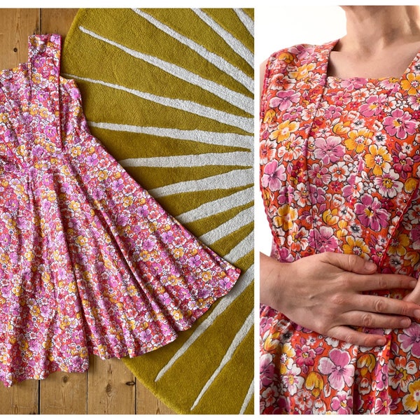 Vintage 1970s pink floral cotton dress with ric-rac trim - UK 10-12