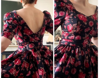 Laura Ashley low back roses and jewels party dress with bow belt - UK 10 (vintage 12) waist 28"