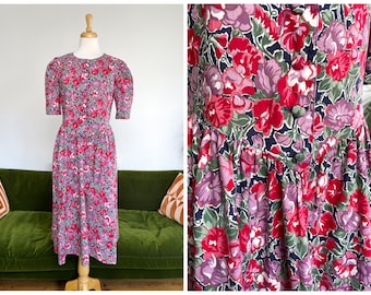 Vestido vintage de algodón con estampado floral de guisantes de Laura Ashley - Talla 12 del Reino Unido (talla 14 del Reino Unido)