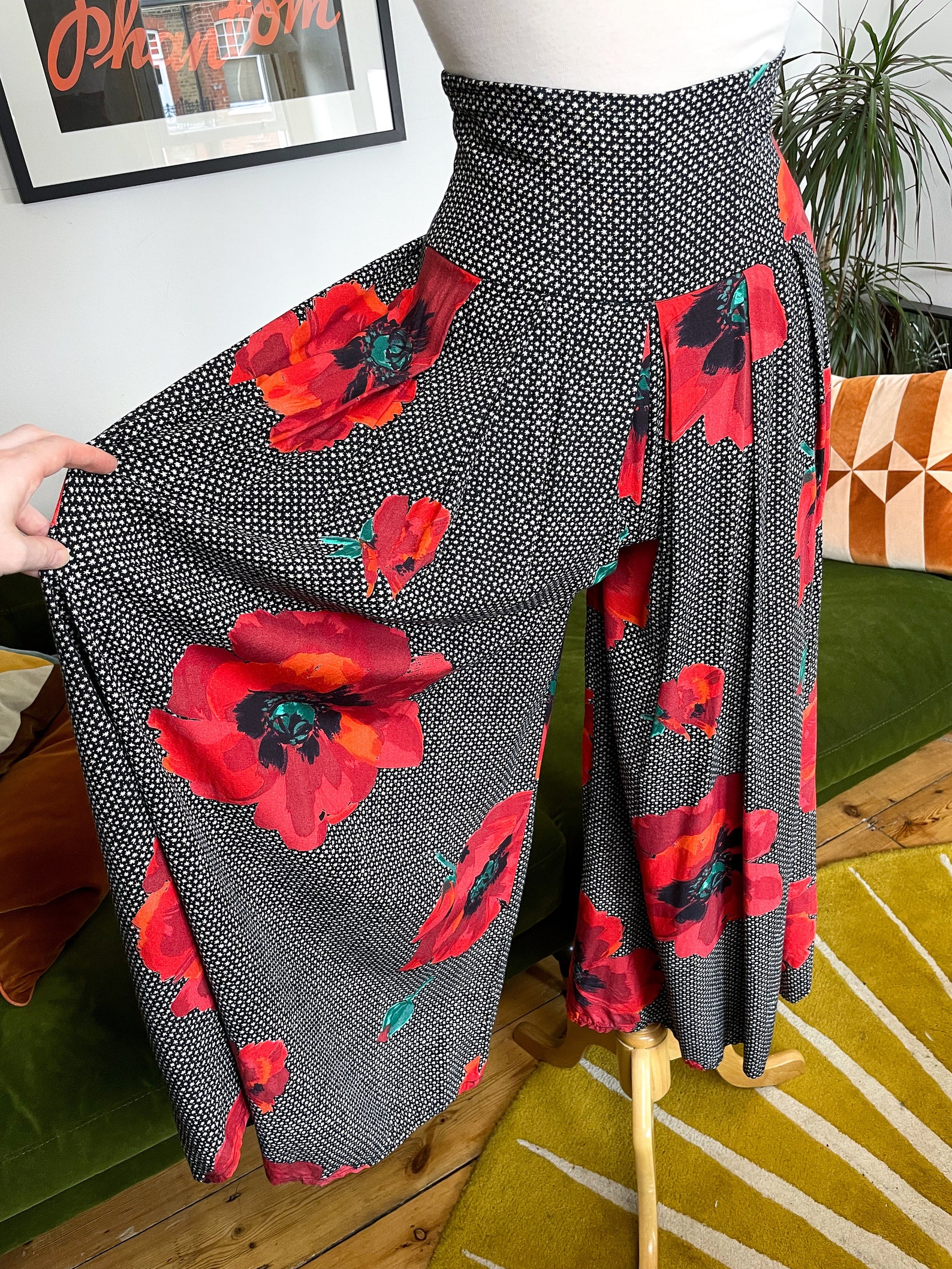 Vintage Chinese-Style Flowing Double-Layer Gauze Nine-Point Wide-Leg Culottes