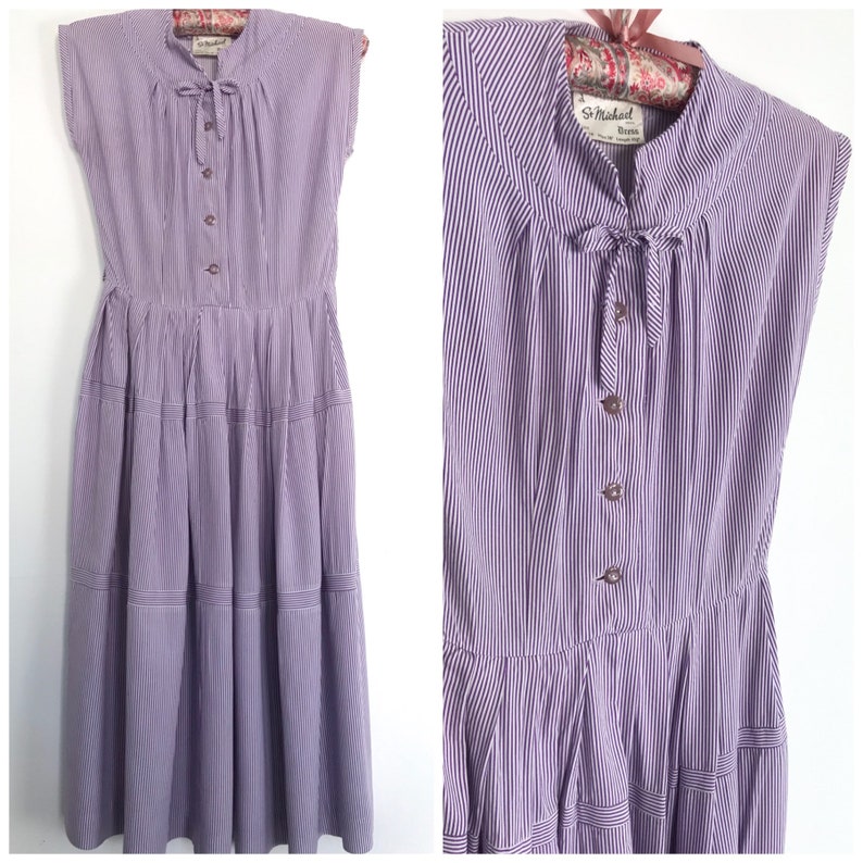 Vintage 1950s /'St Michael/' lilac stripe dress UK 6-8