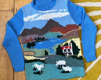 Vintage hand knitted countryside scenic jumper acrylic yarn - Medium