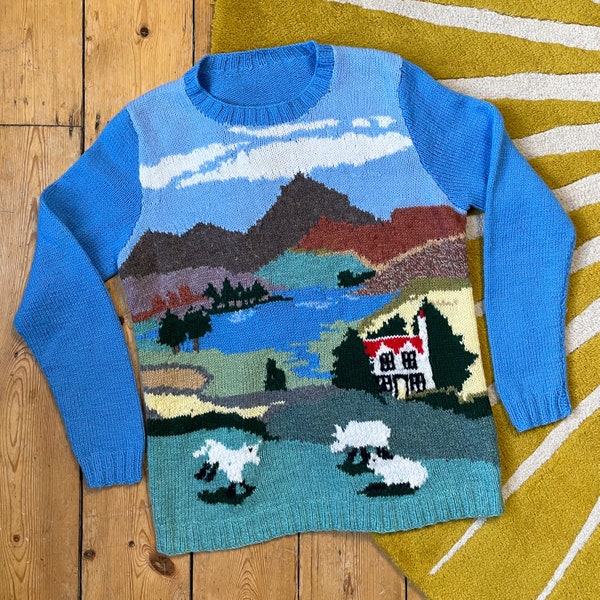 Vintage hand knitted countryside scenic jumper acrylic yarn - Medium