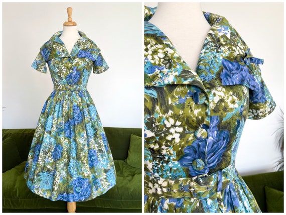 Vintage 1950s Blue and Green Floral Polished Cotton Statement - Etsy UK