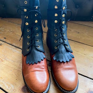 Vintage two tone black and tan leather lace up roper western boots - UK women's 6, US 8.5M