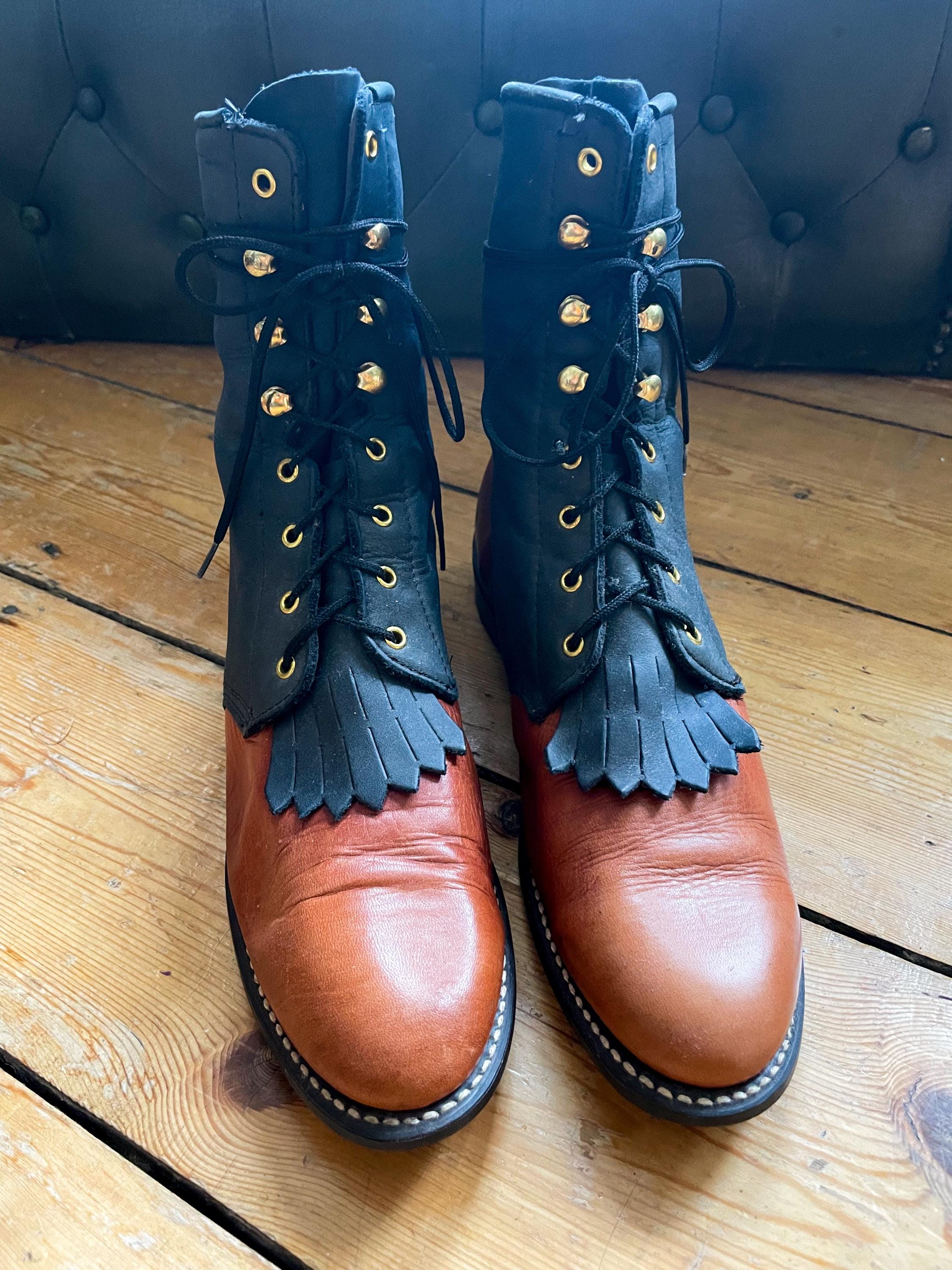Vintage Two Tone Black and Tan Leather Lace up Roper Western 