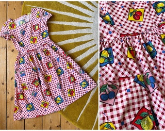 Vintage 1960s fruit novelty print checked dress - UK 8-10