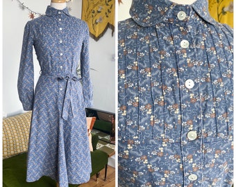 Vintage 1970s rare Laura Ashley blue cotton shirt dress - UK 8 (vintage 14)