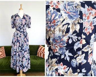 Vintage Laura Ashley blue and terracotta floral dress - UK 14 (modern 12)