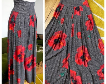 Vintage 80er Jahre Culottes von 'Wallis' mit weitem Bein und Stern und Mohnblume - UK 8, Taille 66"