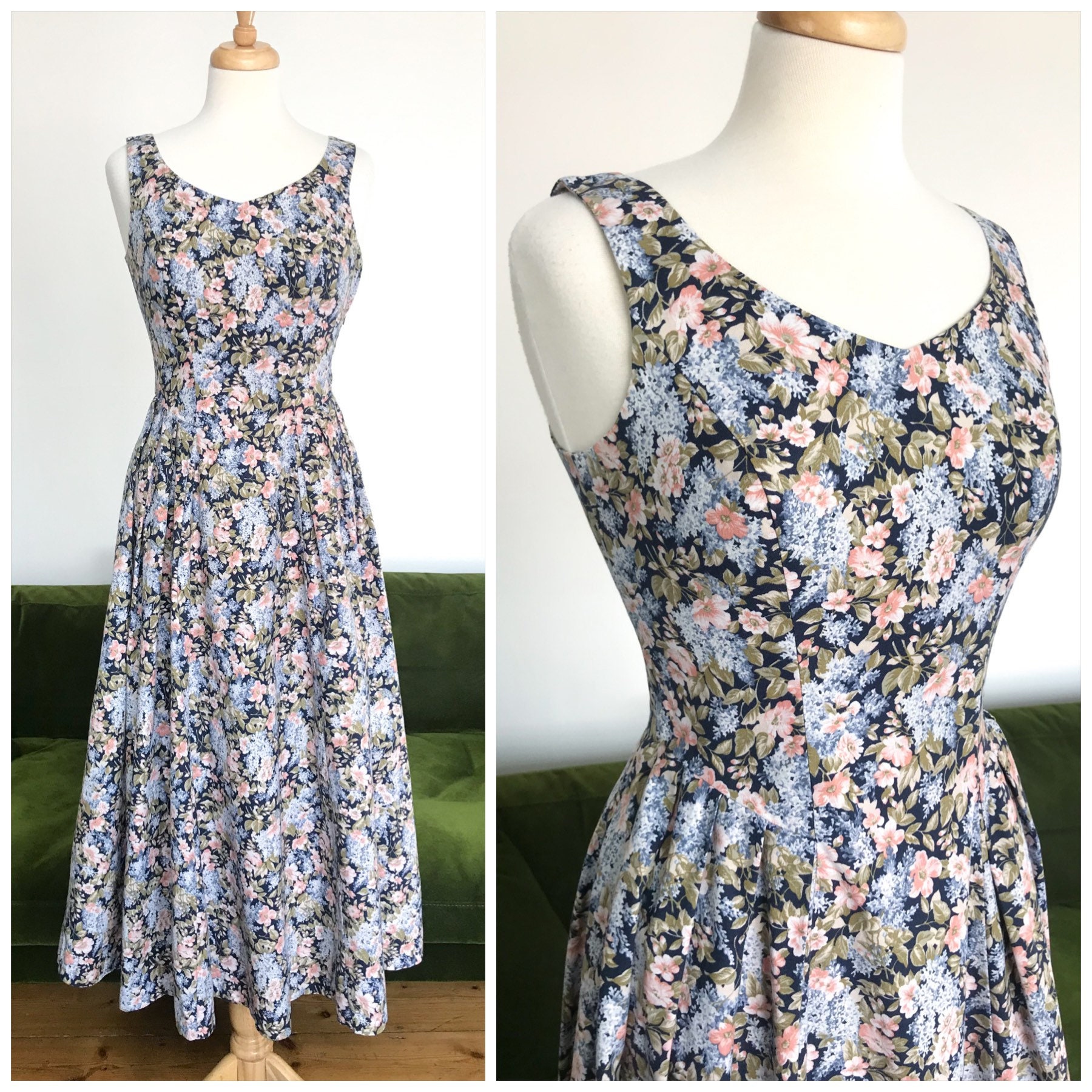 Image of Laura Ashley Blue & Pink Floral Sleeveless Dress