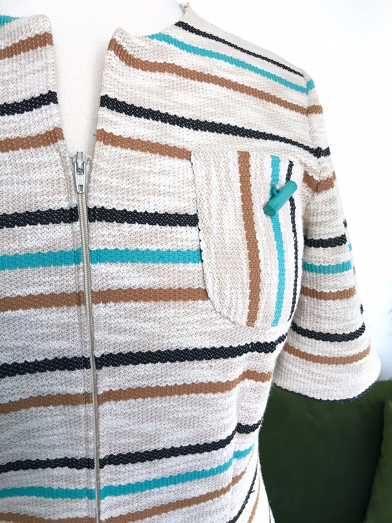 Vintage 1960s 70s striped knit zip front toggle p… - image 3