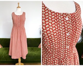 Vintage 1970s rare Laura Ashley red cotton sun dress with ruffled hem and pintucks - UK 10 (vintage 14)