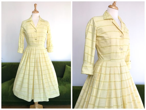 Vintage 1950s lemon yellow cotton shirt dress - UK