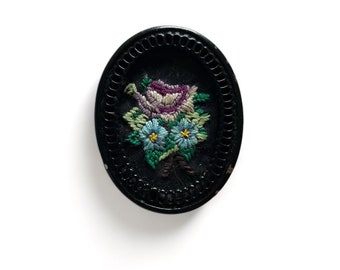 Vintage black framed embroidered convertible brooch/pendant dark gothic florals