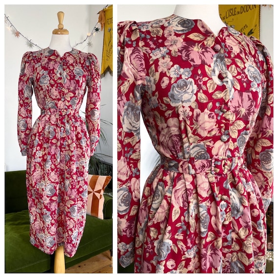 Vintage Laura Ashley Fitted Wool Floral Print Dress - UK 8-10