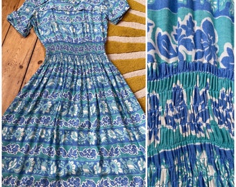 Vintage 1940s 'A Blamour model' blue turquoise floral print dress, shirred smocking elasticated waist, 'Grafton anti-shrink fabric'- UK 8-10