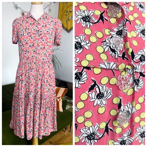 Vintage 1940s pink and yellow floral polkadot print rayon tiered skirt dress - UK 12, waist 29&quot;