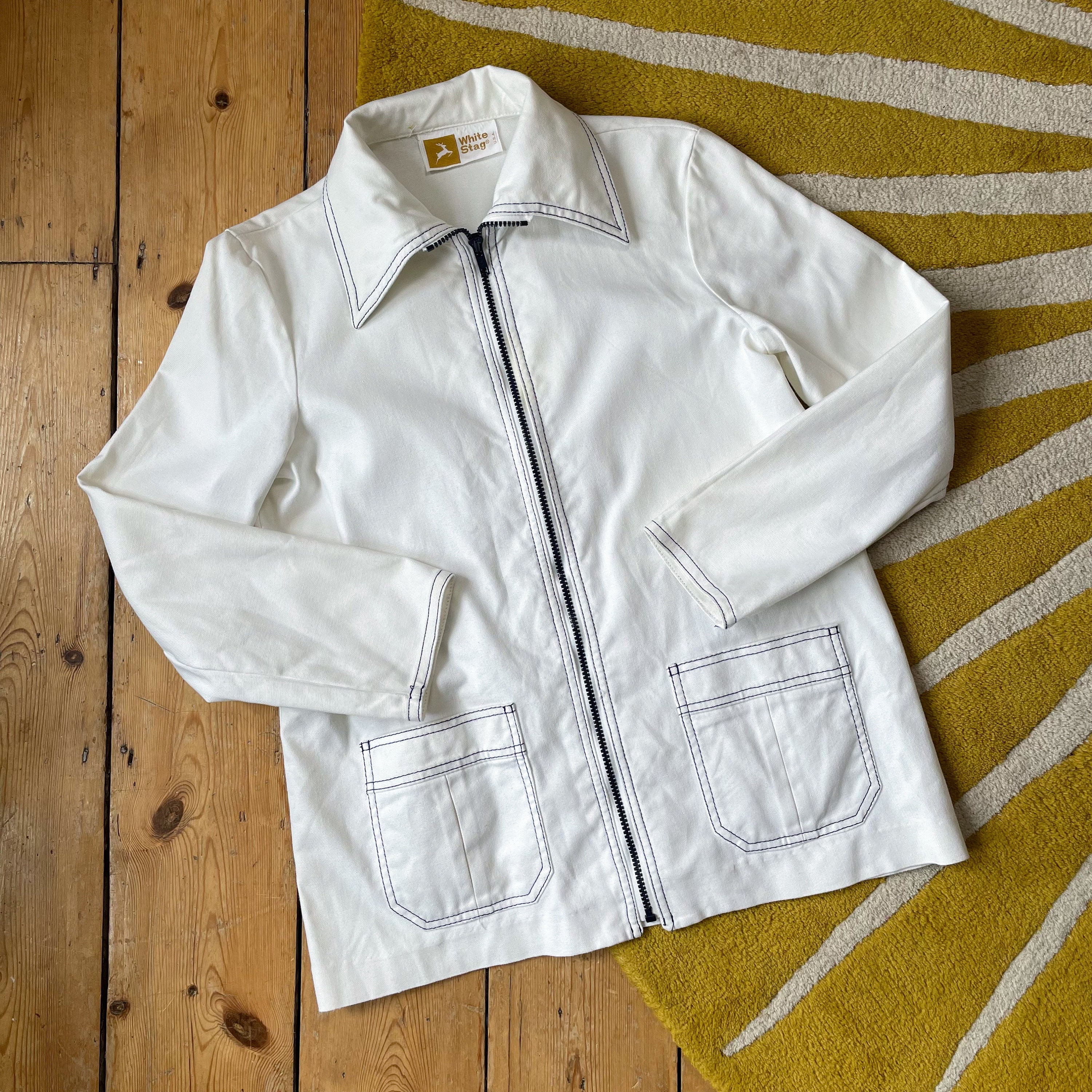 Vintage 1970s 'white Stag' White Cotton Zip up Jacket - UK Vintage 1970s 'white Stag' White Cotton Zip up Jacket - UK