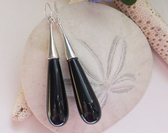 Smooth Black Onyx Drop Earrings, Black Onyx Teardrop Earrings, Sterling Silver Drop February Birthstone Earrings, Semi-Precious Gemstones