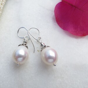 Freshwater Pearl Earrings, June Birthstone Earrings, 30th Wedding Anniversary Earrings, Sterling Silver Bead Cap White Large Teardrop Pearls