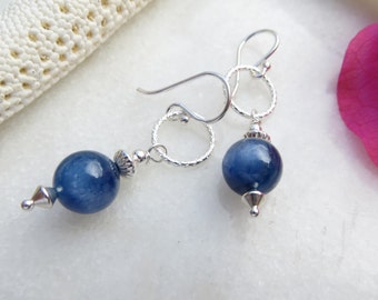 Beautiful Kyanite Earrings, Hoop Earrings, Sterling Silver Earrings, Boho Earrings, Dangle Drop Earring, Blue Semi-precious Gemstone Earring