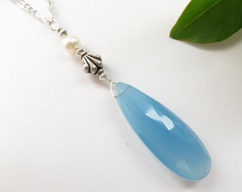 Sky Blue Chalcedony Necklace, Sterling Silver Pearl June Birthstone 30th Wedding Anniversary Large Teardrop Faceted Semi-precious Gemstone