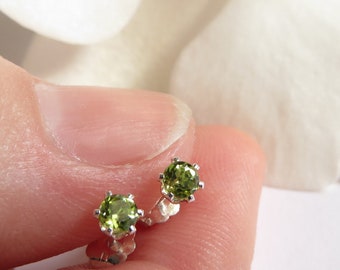 Tiny Peridot 3 mm Studs, August Birthstone, 16th Wedding Anniversary, 925 Sterling Silver Earrings, Green Semi Precious Gemstone