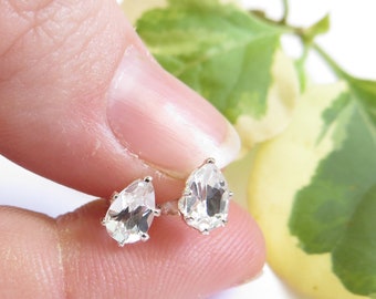 White Topaz Sterling Silver Studs, Pear Cut Gemstone Earrings