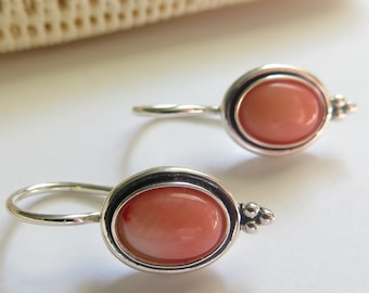 Pink Coral Sterling Silver Dangle Earrings, Antique Style