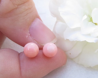 Pink Coral 6 mm Studs, 35th Wedding Anniversary Gift, Pink Bamboo Coral Pink Dot Earrings, 925 Sterling Silver Studs