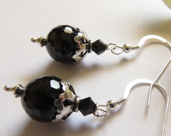 Black Tourmaline Earrings, Faceted Black Gemstone Earrings, 925  Sterling Silver Swarovski Crystal Earrings, Gift for Her, Mother's Day Gift